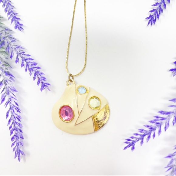 Vintage 80s Retro Enamel Rhinestone Shell Gold Tone Pendant Necklace - Picture 3 of 6
